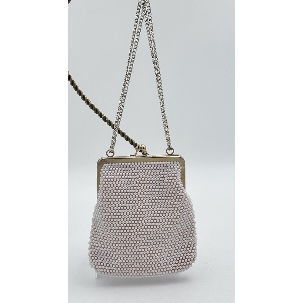 Vintage 1950s Beaded Evening Purse Bag White Faux Pearl‎ Gold Frame Hong Kong